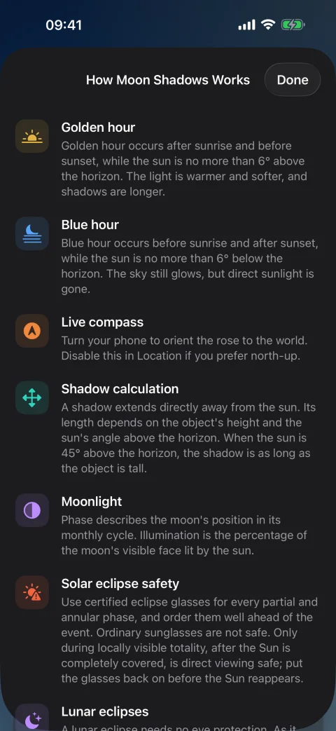 Moon Shadows guide explaining the selected light and upcoming sky events
