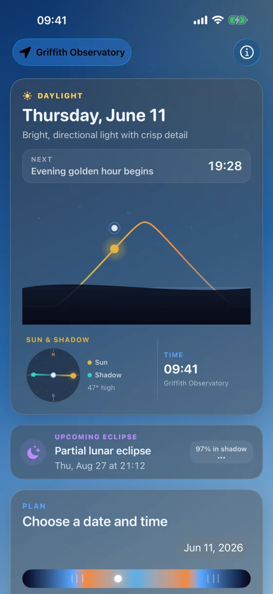 Moon Shadows showing golden hour, the sun path, and an ESE shadow bearing