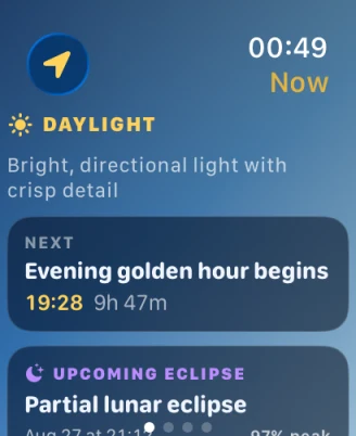 Moon Shadows on Apple Watch showing golden hour and the next sunset